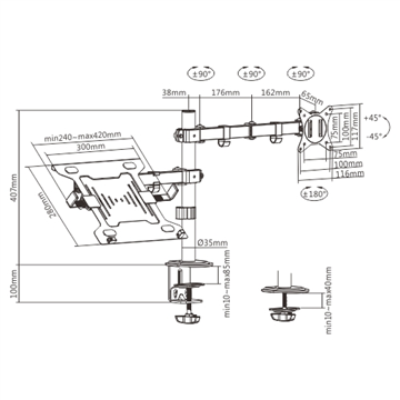 Gembird MA-DA-03 Adjustable desk mount with monitor arm and notebook tray (rotate  tilt  swivel)  17”-32”  up to 9 kg