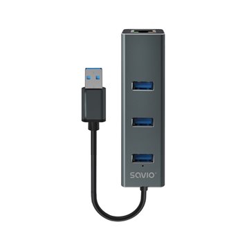 Savio AK-57 USB-A - 3 x USB-A HUB with RJ-45 Gigabit Ethernet adapter 5000 Mbit/s grey USB 3.2 Gen 1 (3.1 Gen 1) Micro-B 5000 Mb