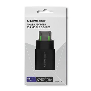 Qoltec 51713 Charger | 18W | 5-12V | 1.5-3A | USB type C PD | USB QC 3.0 | Black