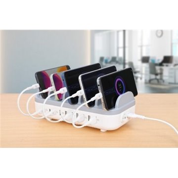 Manhattan Charging Station  10x Ports: 3x USB-C (up to 18W PD) and 7x USB-A (up to 12W)  120W Total Output  White/Grey  Three Ye
