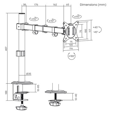 Maclean MC-753N LCD Monitor Desk Mount 17-32  9kg VESA 75x75 100x100 Single Arm Extendable Adjustable