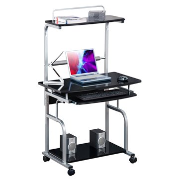Scrivania Mobile per PC Stampante con Tastiera Estraibile Nero Lucido