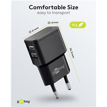 Caricatore da Muro 2 porte USB-A Slim Design 12W Nero