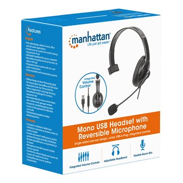 Cuffia Mono USB con Microfono Reversibile Cavo 2m