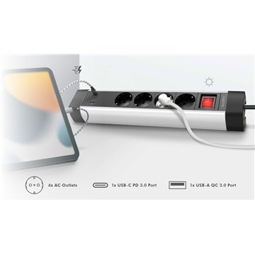 Presa Multipla a 4 vie con Presa USB-C™ PD e USB-A QC per la Ricarica Veloce