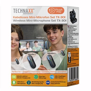 Set 2 Mini Microfoni Lavalier Wireless con Ricevitore USB-C™ e Custodia di Ricarica, TX301