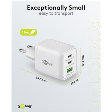 Nano Caricatore Alimentatore GaN 2xUSB-C™ (PD) + USB-A (QC) da Muro 65W Bianco